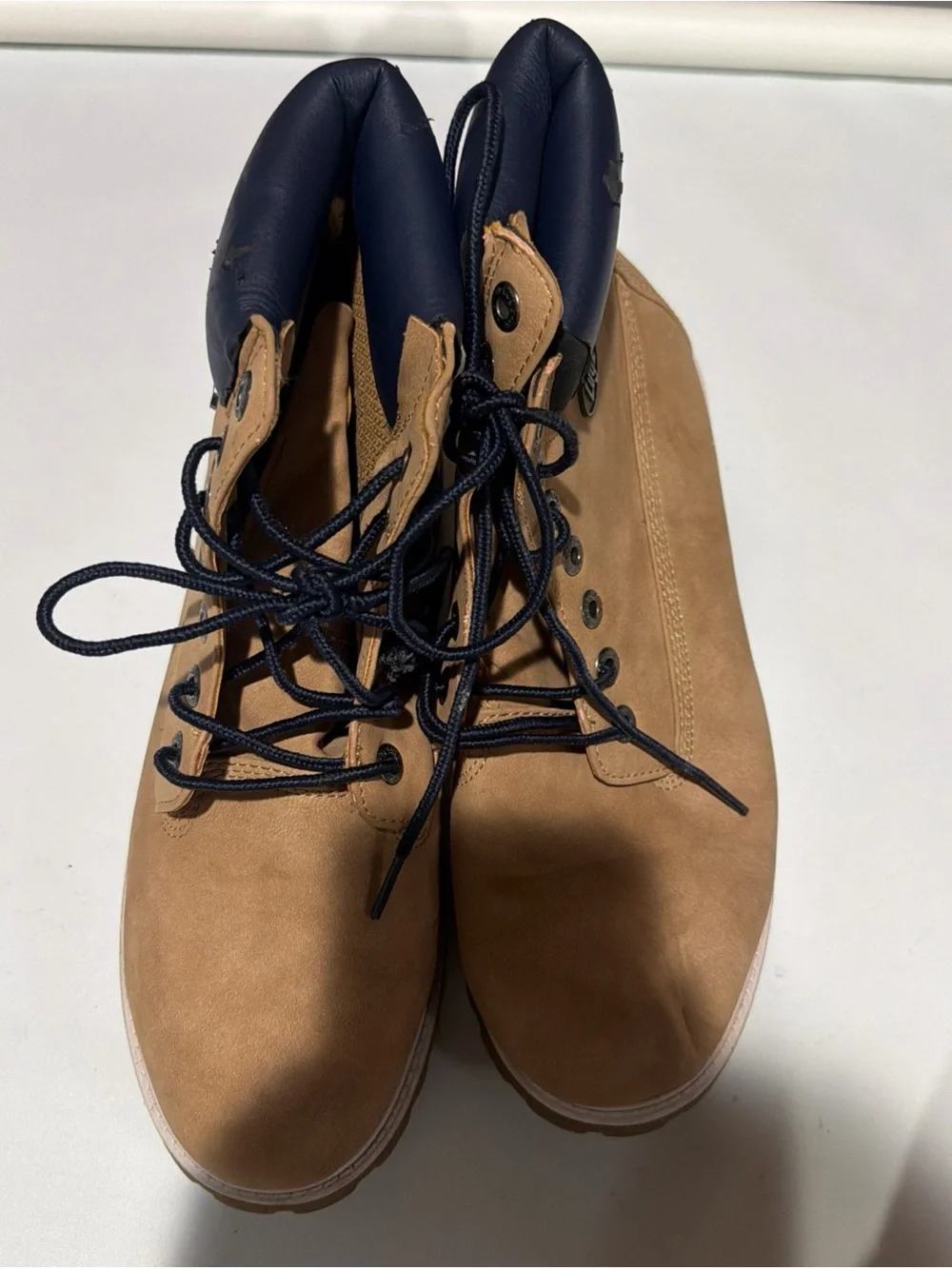 Lugz Tan Work Boots with Navy Collar